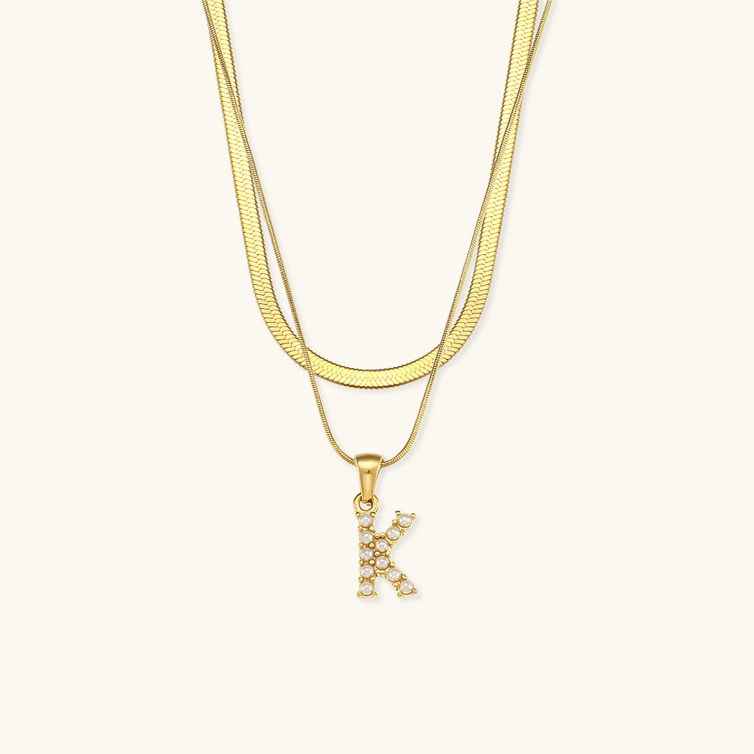 Layered Initial Letter Necklace | 18k Gold with Freshwater Pearls 28