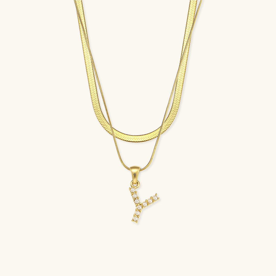 Layered Initial Letter Necklace | 18k Gold with Freshwater Pearls 29