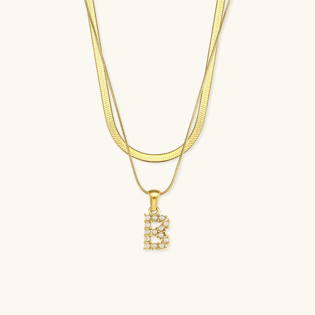 Layered Initial Letter Necklace | 18k Gold with Freshwater Pearls 6