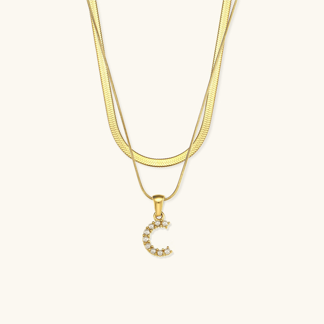 Layered Initial Letter Necklace | 18k Gold with Freshwater Pearls 7
