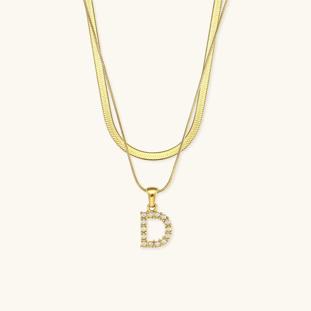 Layered Initial Letter Necklace | 18k Gold with Freshwater Pearls 8