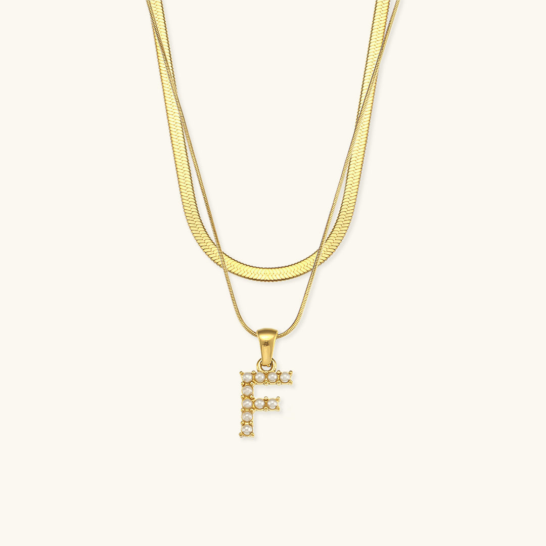 Layered Initial Letter Necklace | 18k Gold with Freshwater Pearls 9
