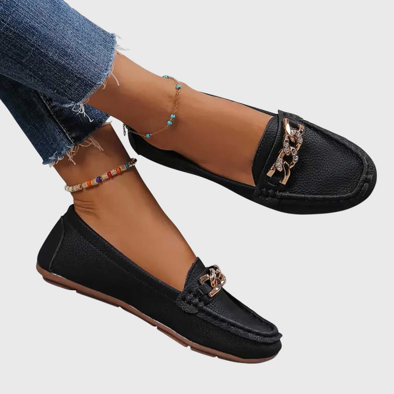 Leather Loafers for Women | Cushioned Slip-On with Gold-Chain Detail 1