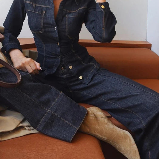 Long Sleeve Dark Wash Denim Set 0