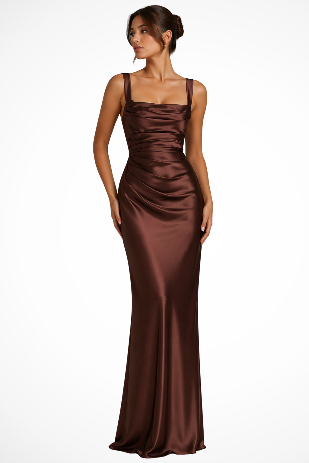 Maxi Dress | Elegant Square Neck Ruched Satin Long Dress for Women 2