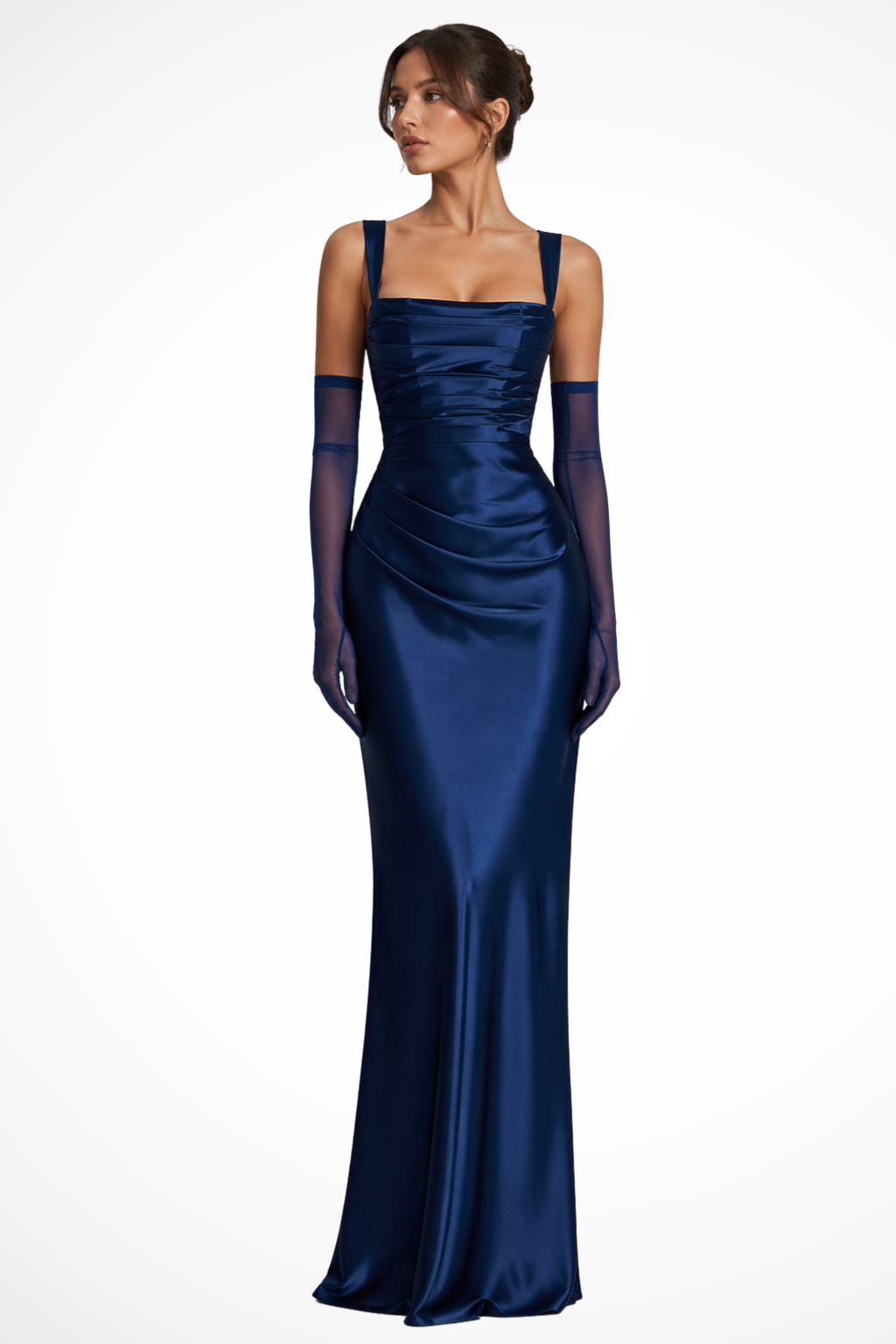 Maxi Dress | Elegant Square Neck Ruched Satin Long Dress for Women 3