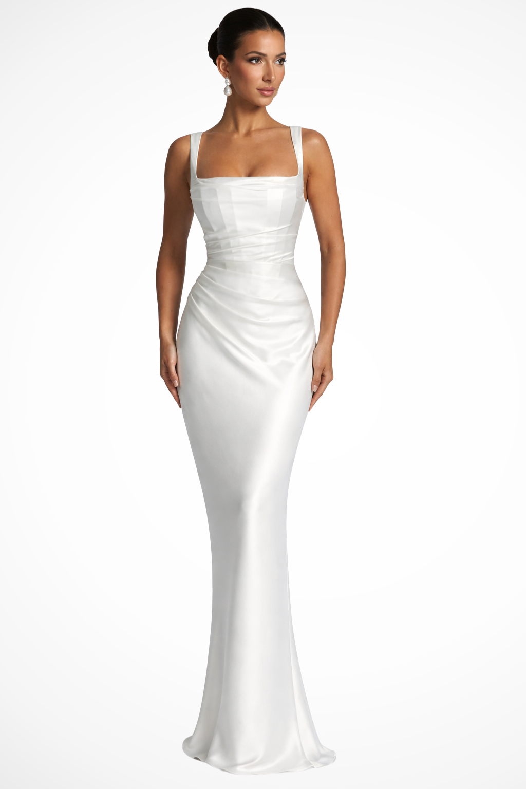 Maxi Dress | Elegant Square Neck Ruched Satin Long Dress for Women 4
