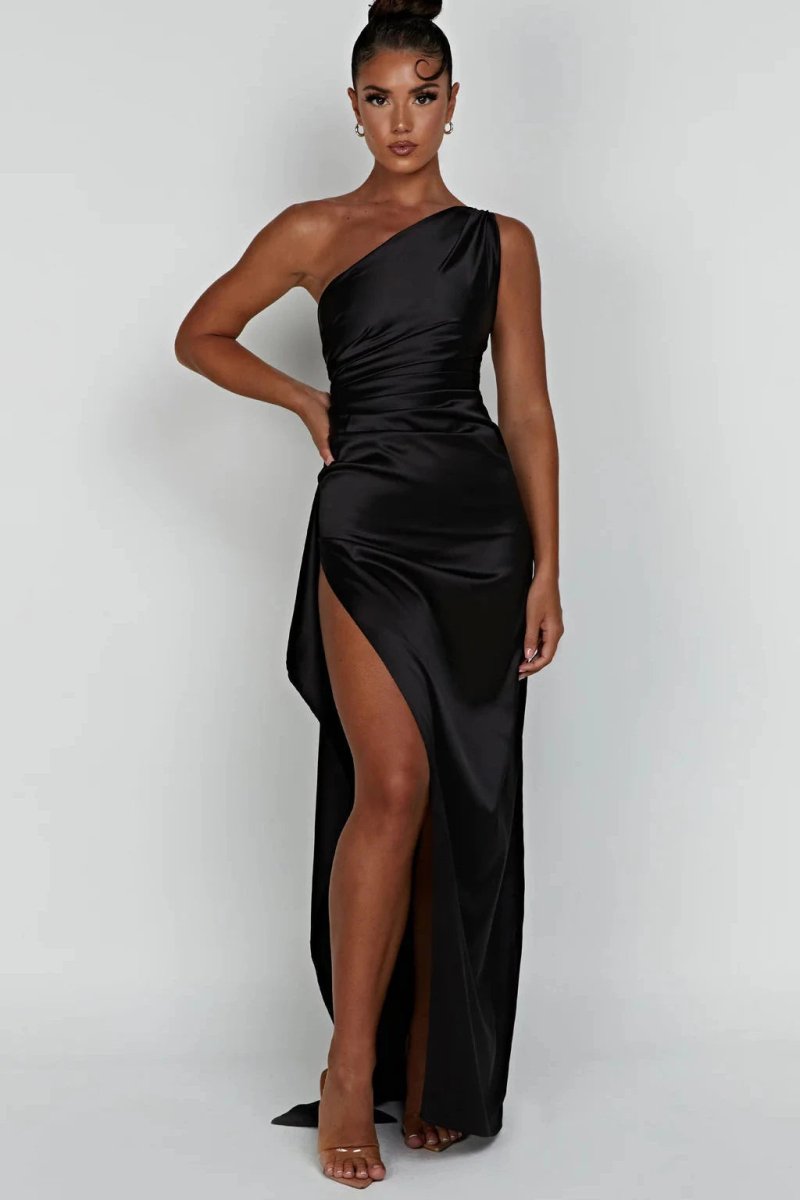 Maxi Dress | Lightweight Satin One-Shoulder Long Dress with Thigh-High Split 0
