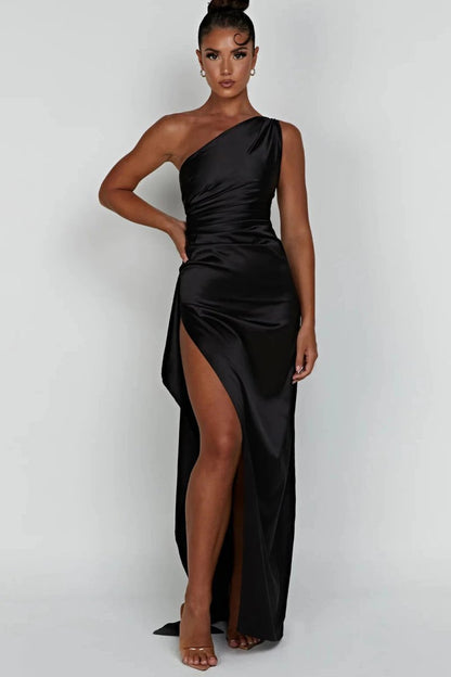 Maxi Dress | Lightweight Satin One-Shoulder Long Dress with Thigh-High Split 0