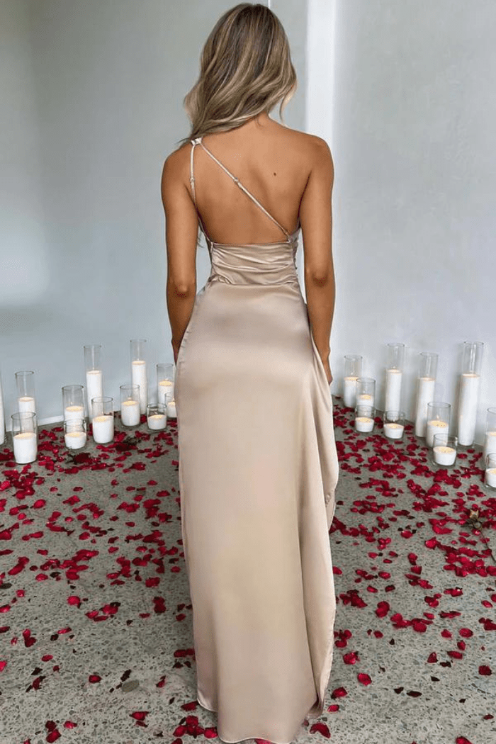 Maxi Dress | Lightweight Satin One-Shoulder Long Dress with Thigh-High Split 4
