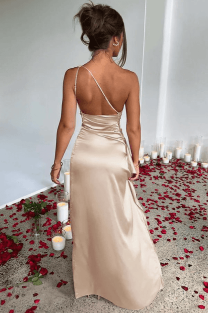 Maxi Dress | Lightweight Satin One-Shoulder Long Dress with Thigh-High Split 5