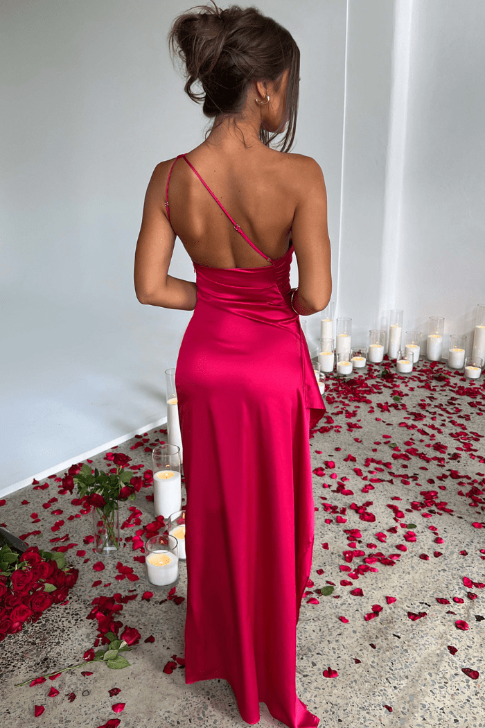 Maxi Dress | Lightweight Satin One-Shoulder Long Dress with Thigh-High Split 6