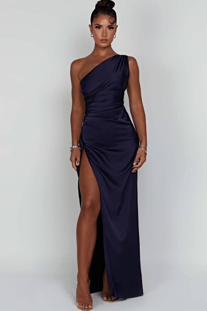 Maxi Dress | Lightweight Satin One-Shoulder Long Dress with Thigh-High Split 8