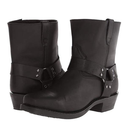Mid-Cut Black Biker Boots | Durable Full-Grain Leather with Harness Detail 6