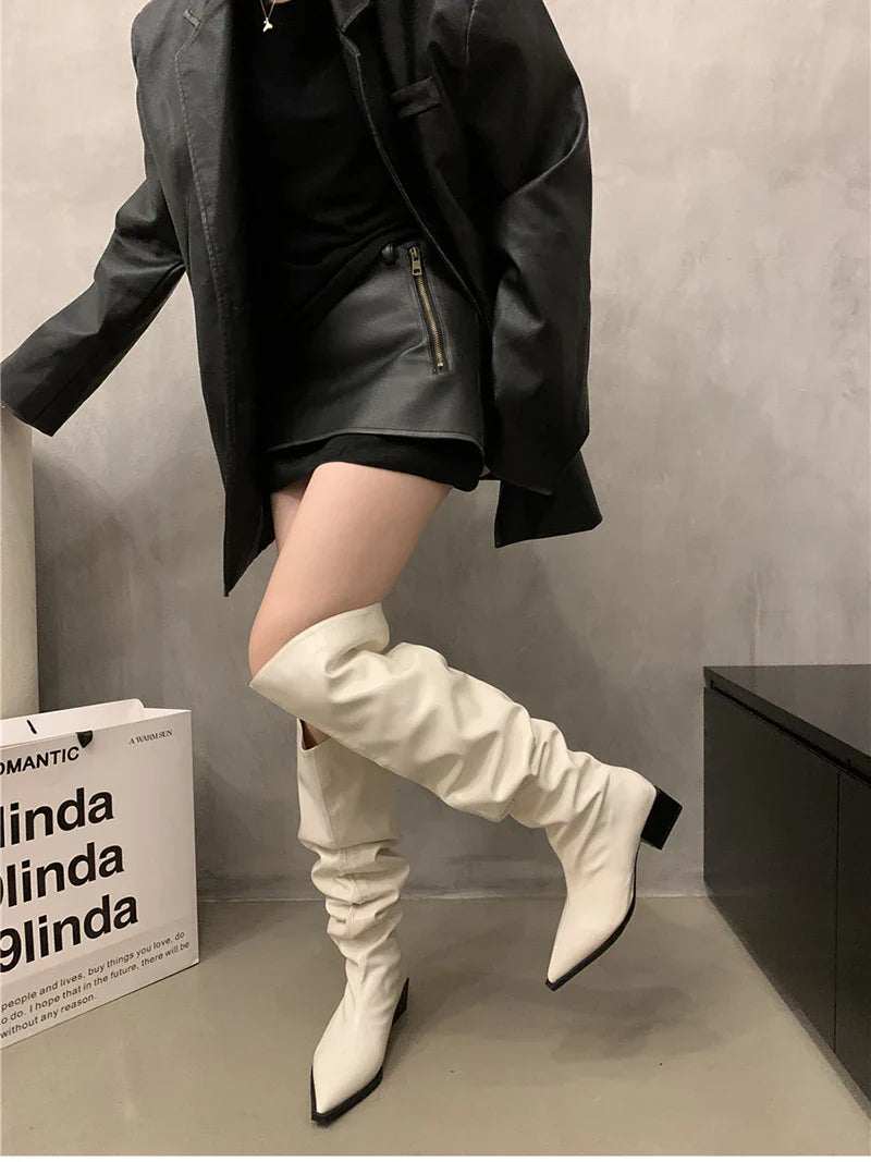 Slouchy Eco-Leather Knee High Boots | Adjustable Fit Over the Knee with Pointed Toe 4