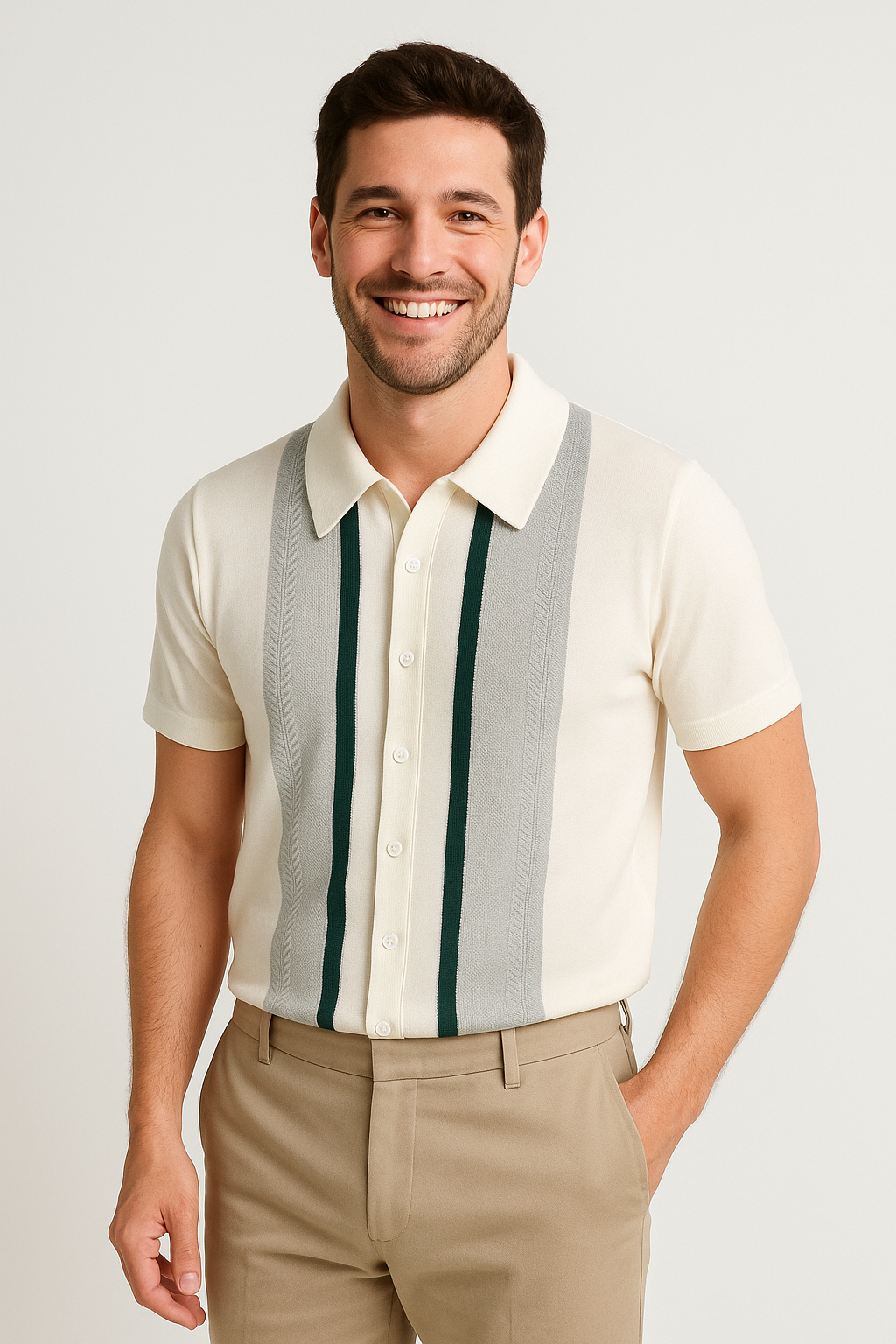 Short Sleeve Knit Shirt | Smooth Elastic Fabric with Zip Closure & Sporty Stripes 1
