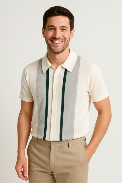 Short Sleeve Knit Shirt | Smooth Elastic Fabric with Zip Closure & Sporty Stripes 1