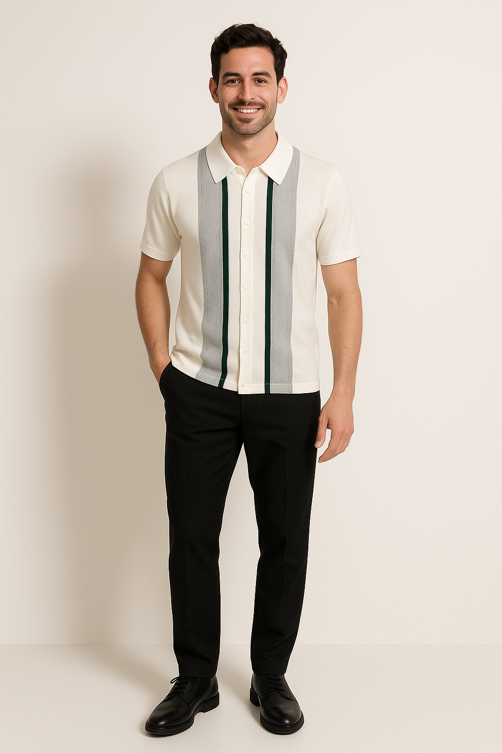 Short Sleeve Knit Shirt | Smooth Elastic Fabric with Zip Closure & Sporty Stripes 2