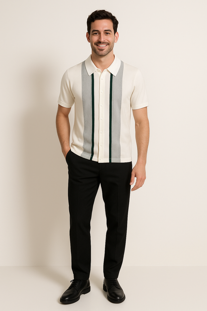 Short Sleeve Knit Shirt | Smooth Elastic Fabric with Zip Closure & Sporty Stripes 2
