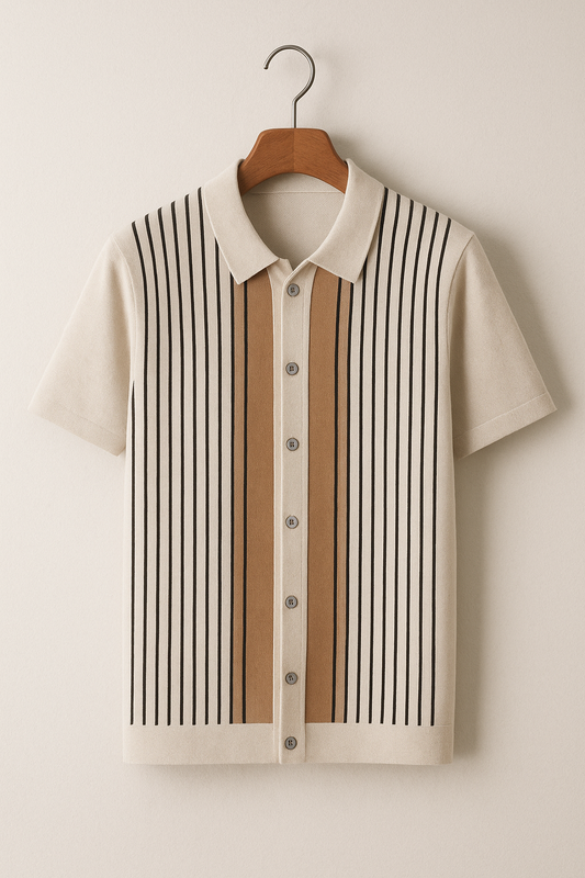 Short Sleeve Striped Knit Polo Shirt | Soft Fabric with Vintage Charm 0