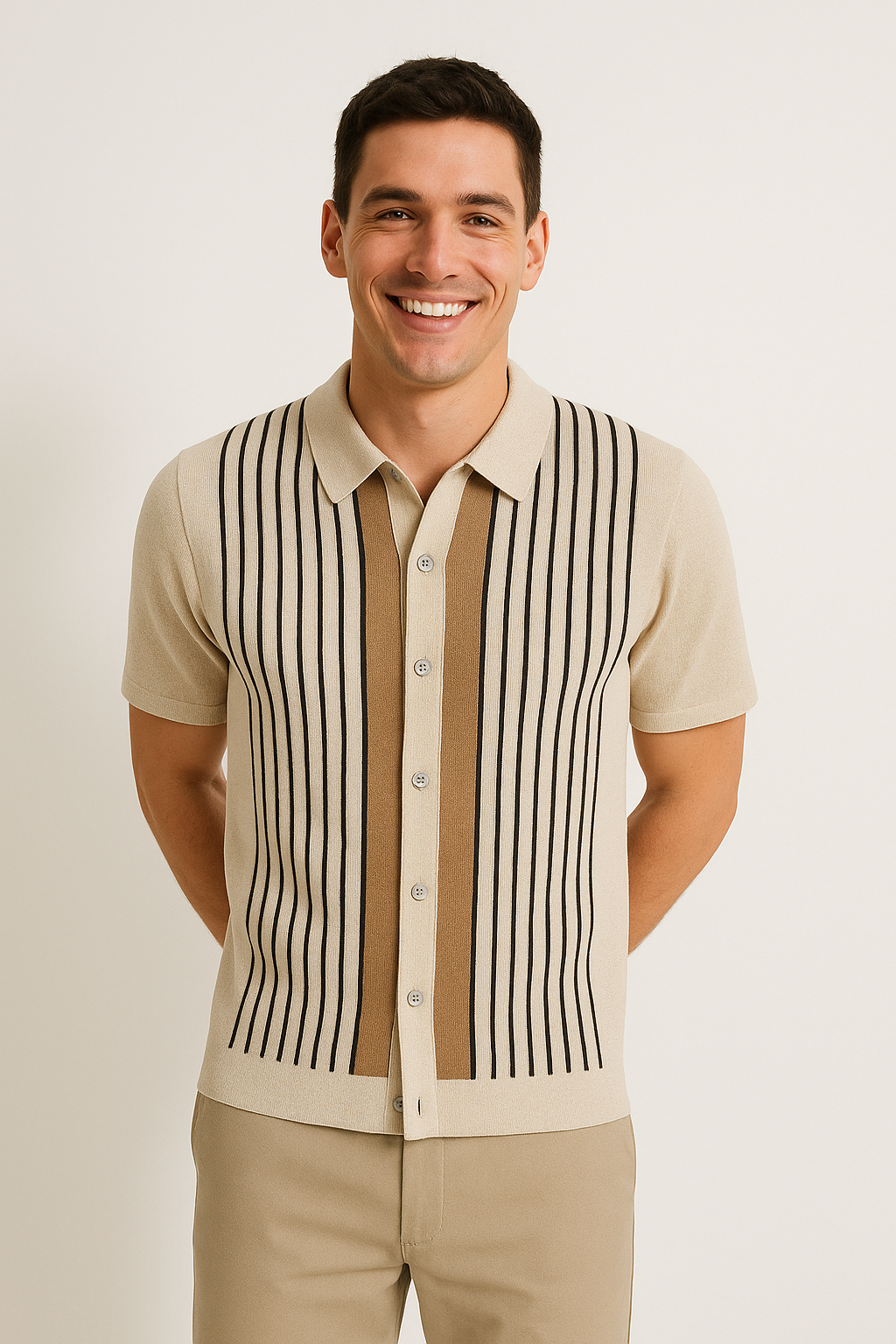 Short Sleeve Striped Knit Polo Shirt | Soft Fabric with Vintage Charm 1