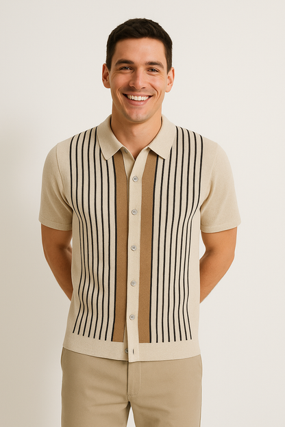 Short Sleeve Striped Knit Polo Shirt | Soft Fabric with Vintage Charm 1