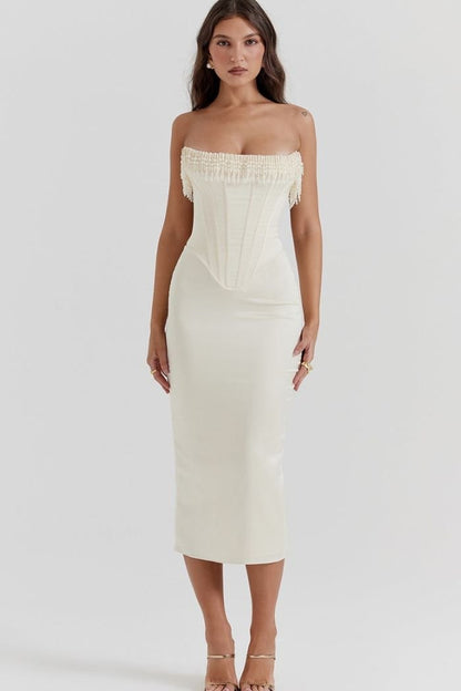 Strapless Wedding Guest Dress | Embellished Satin with Lace-Up Back 0