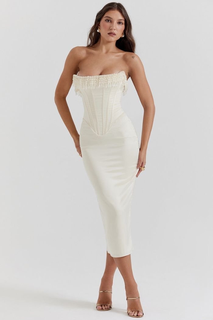Strapless Wedding Guest Dress | Embellished Satin with Lace-Up Back 1