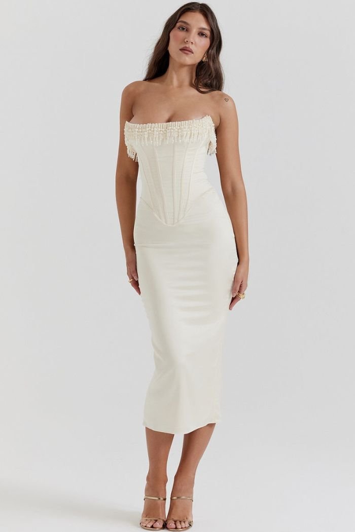 Strapless Wedding Guest Dress | Embellished Satin with Lace-Up Back 2