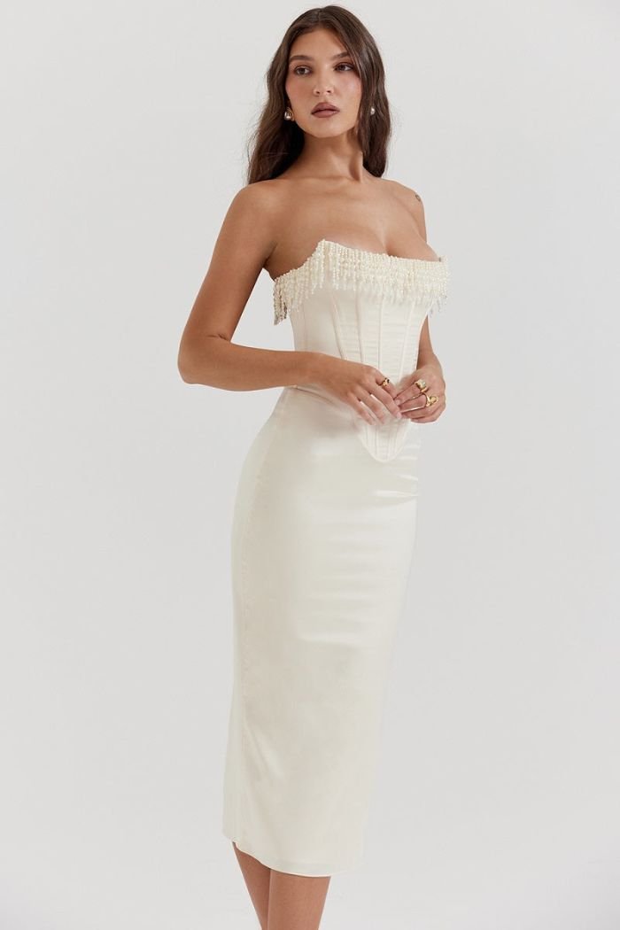 Strapless Wedding Guest Dress | Embellished Satin with Lace-Up Back 3