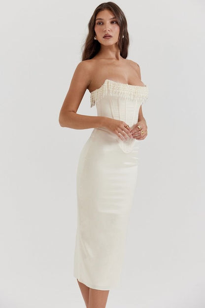 Strapless Wedding Guest Dress | Embellished Satin with Lace-Up Back 3