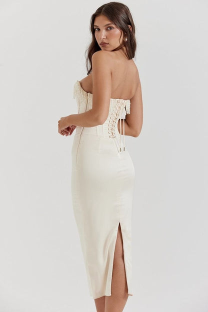Strapless Wedding Guest Dress | Embellished Satin with Lace-Up Back 4