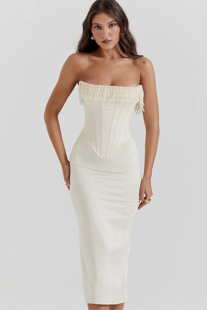 Strapless Wedding Guest Dress | Embellished Satin with Lace-Up Back 5