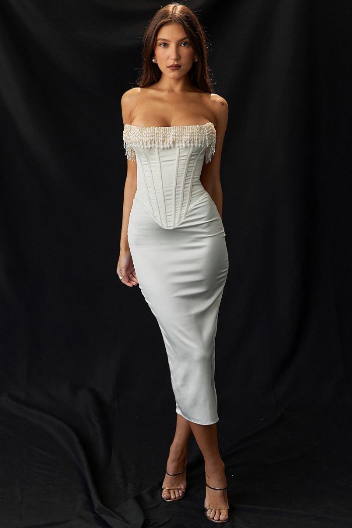 Strapless Wedding Guest Dress | Embellished Satin with Lace-Up Back 6