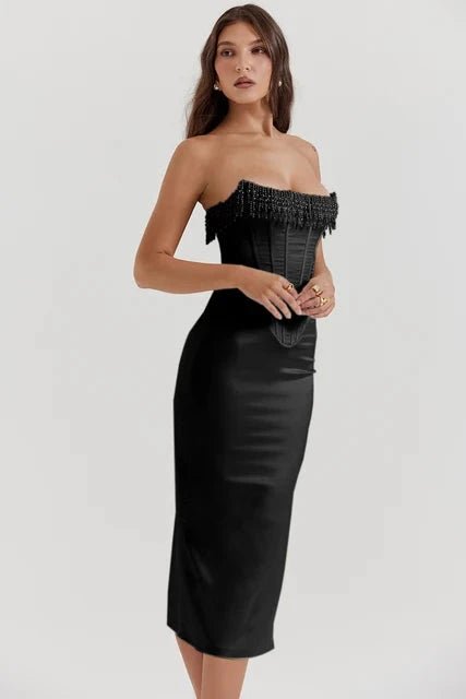 Strapless Wedding Guest Dress | Embellished Satin with Lace-Up Back 8