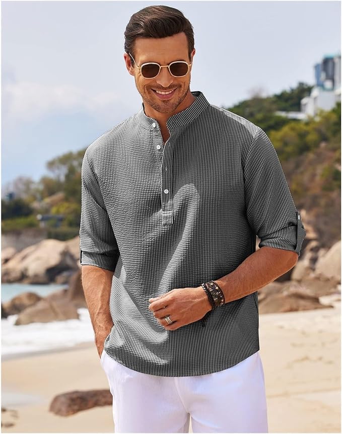 Stylish Men's Shirt | Roll-Up Sleeves with Stand Collar & Check Pattern 3