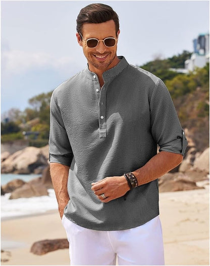Stylish Men's Shirt | Roll-Up Sleeves with Stand Collar & Check Pattern 3