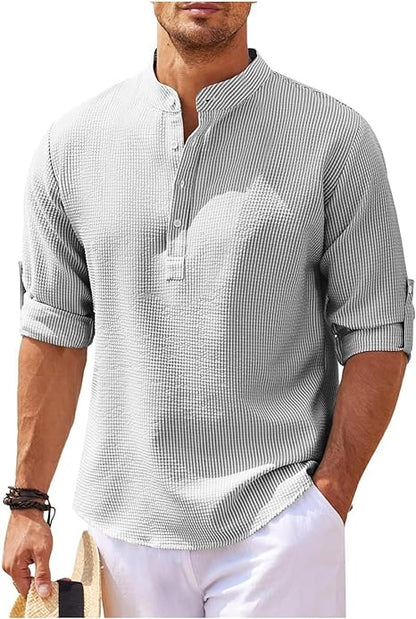 Stylish Men's Shirt | Roll-Up Sleeves with Stand Collar & Check Pattern 9