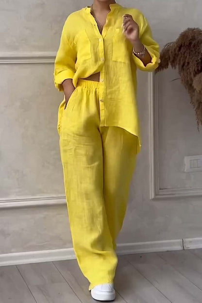 Stylish Women's Loungewear Set | Relaxed-Fit Linen Blend Shirt & Wide-Leg Trousers 0
