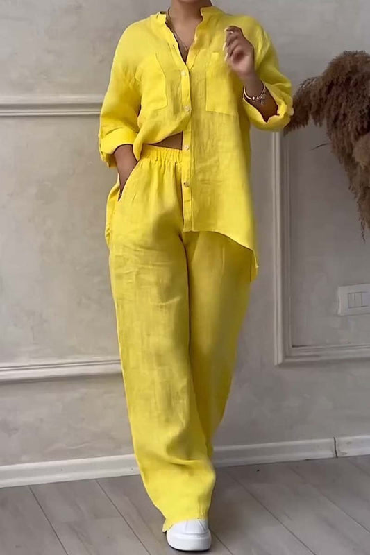 Stylish Women's Loungewear Set | Relaxed-Fit Linen Blend Shirt & Wide-Leg Trousers 0