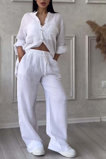 Stylish Women's Loungewear Set | Relaxed-Fit Linen Blend Shirt & Wide-Leg Trousers 1