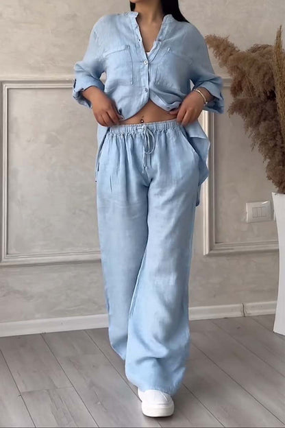 Stylish Women's Loungewear Set | Relaxed-Fit Linen Blend Shirt & Wide-Leg Trousers 5