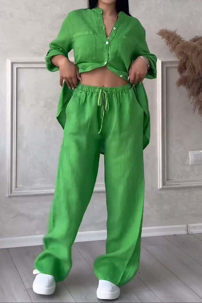 Stylish Women's Loungewear Set | Relaxed-Fit Linen Blend Shirt & Wide-Leg Trousers 6