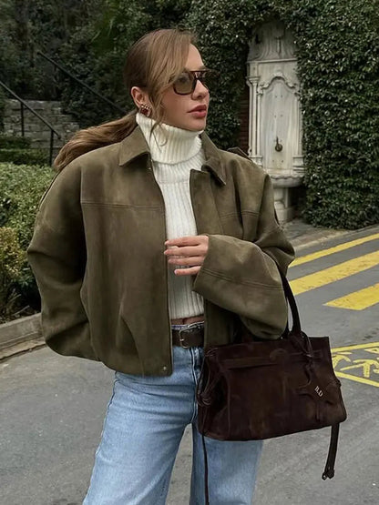 Suede Bomber Jacket | Trendy Loose Fit with Zipper Closure 1