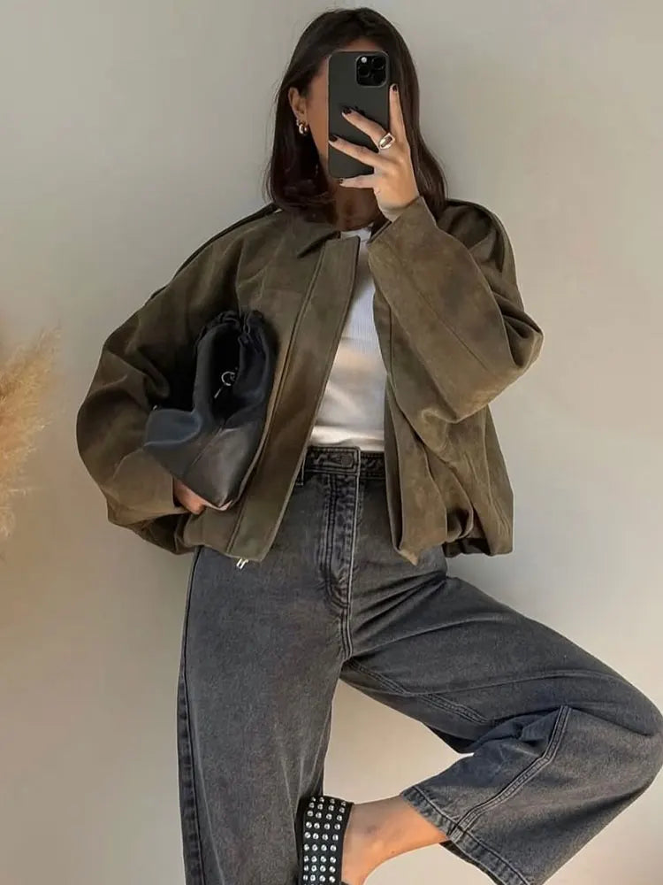 Suede Bomber Jacket | Trendy Loose Fit with Zipper Closure 2