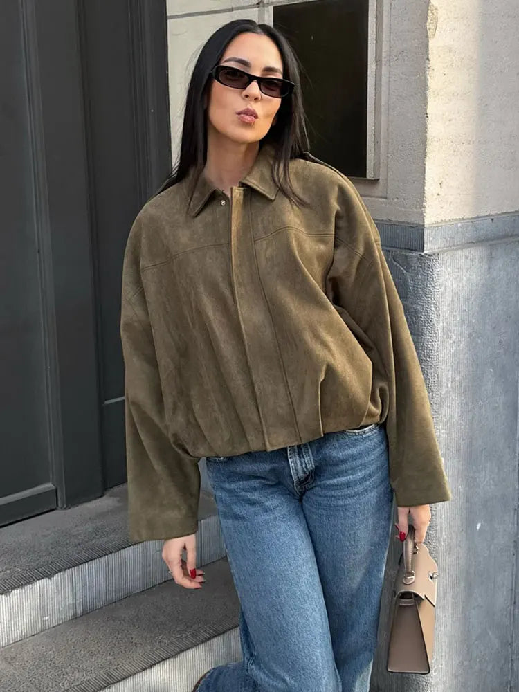 Suede Bomber Jacket | Trendy Loose Fit with Zipper Closure 3