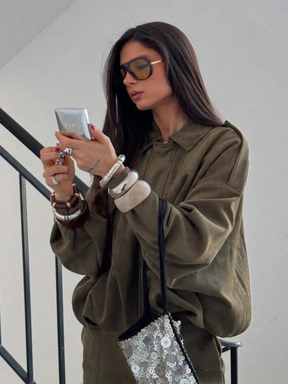 Suede Bomber Jacket | Trendy Loose Fit with Zipper Closure 5