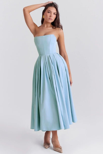 Wedding Guest Dresses | Strapless Corseted Midi Sundress with Pleated Skirt 0