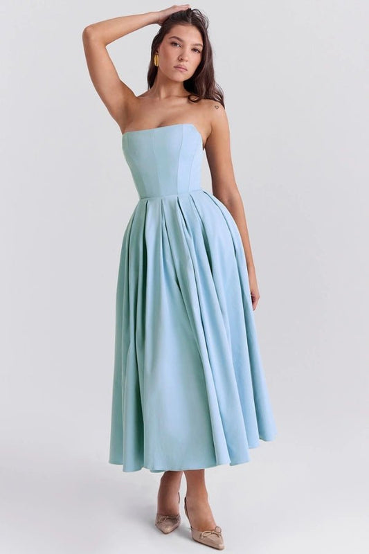 Wedding Guest Dresses | Strapless Corseted Midi Sundress with Pleated Skirt 0