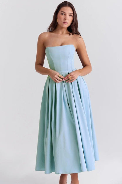 Wedding Guest Dresses | Strapless Corseted Midi Sundress with Pleated Skirt 1